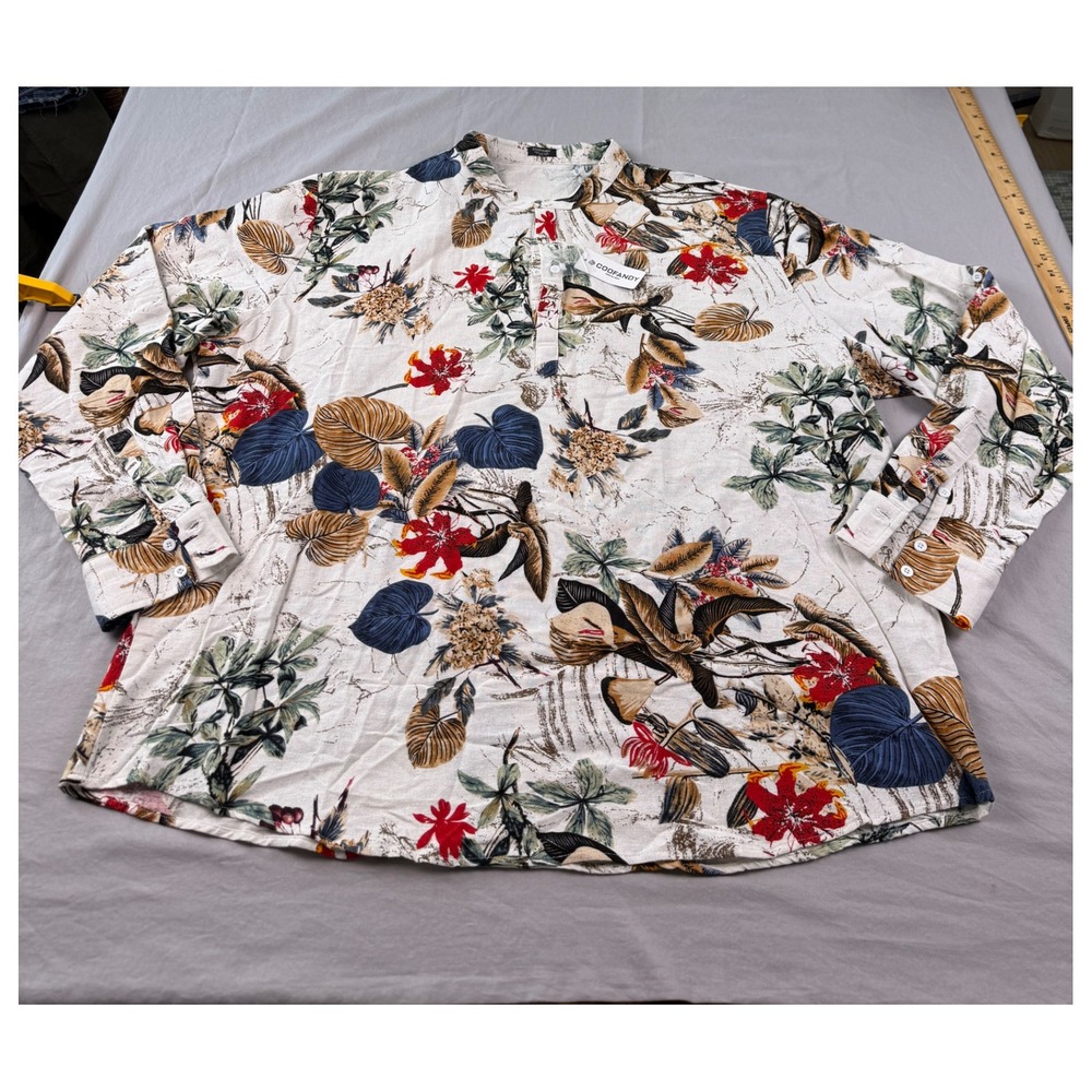 COOFANDY Mens 3XL Tropical Floral Linen Henley Shirt Long Sleeve Band Collar NEW